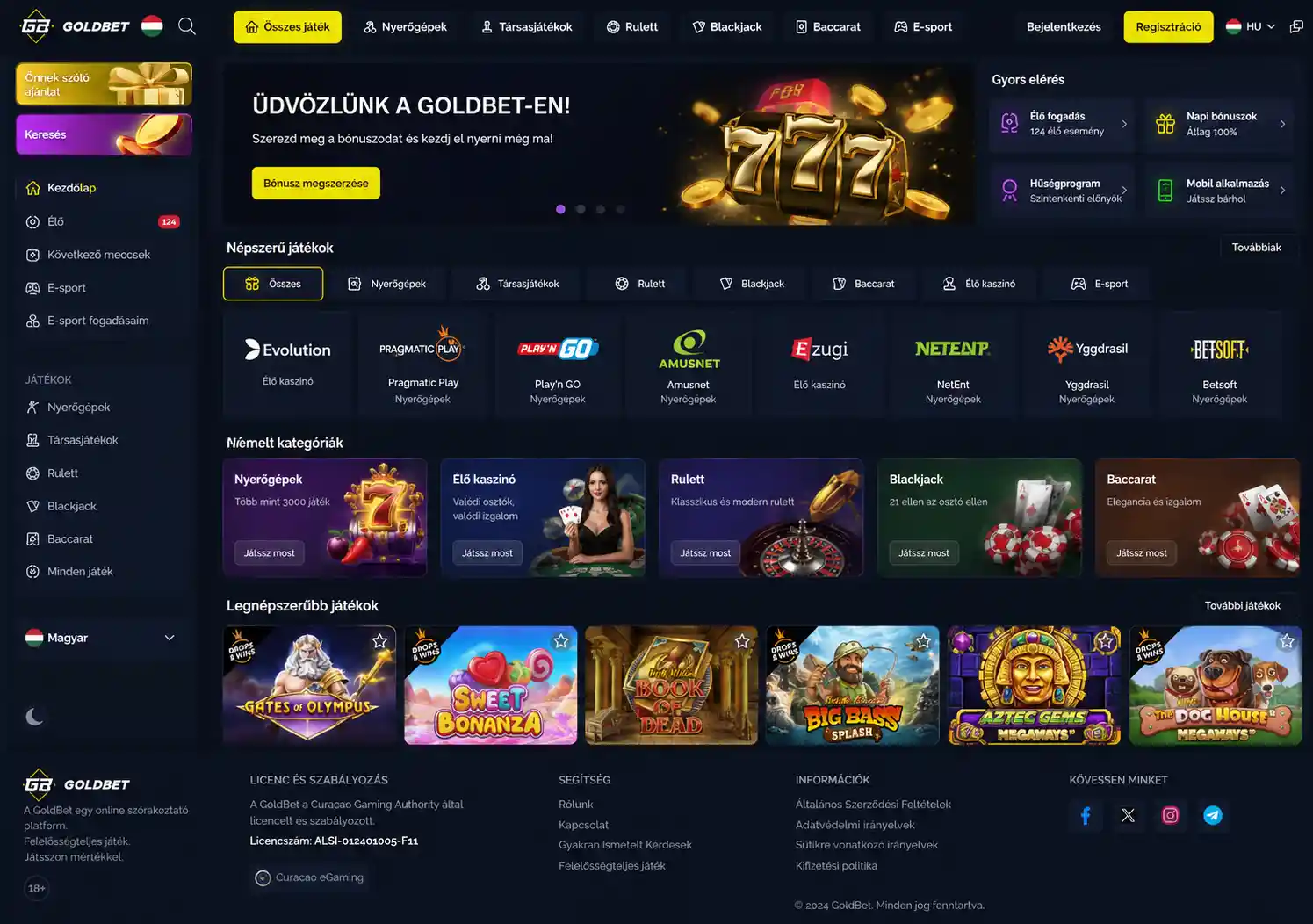 Goldbet asztali böngészős kezdőoldal