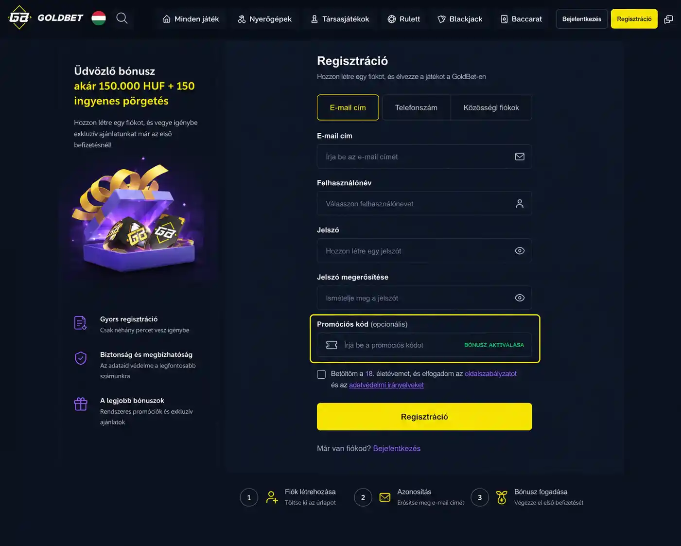 Goldbet regisztrációs űrlap a promóciós kód mezőjével