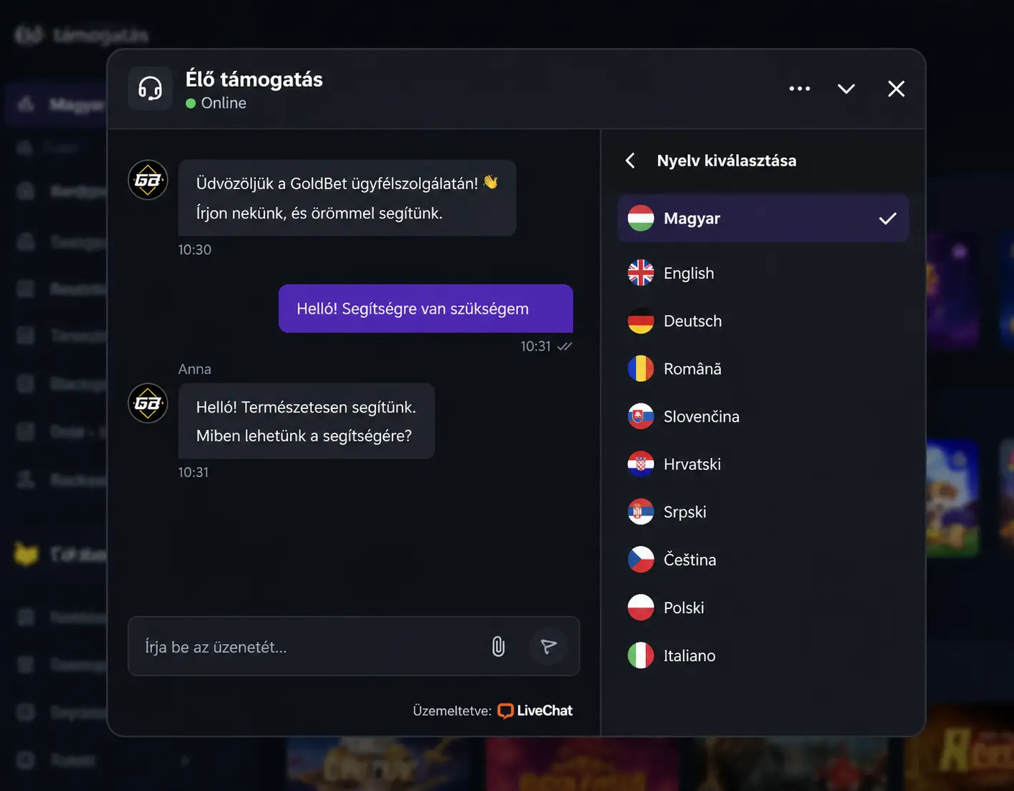 Goldbet élő chat ügyfélszolgálati felület